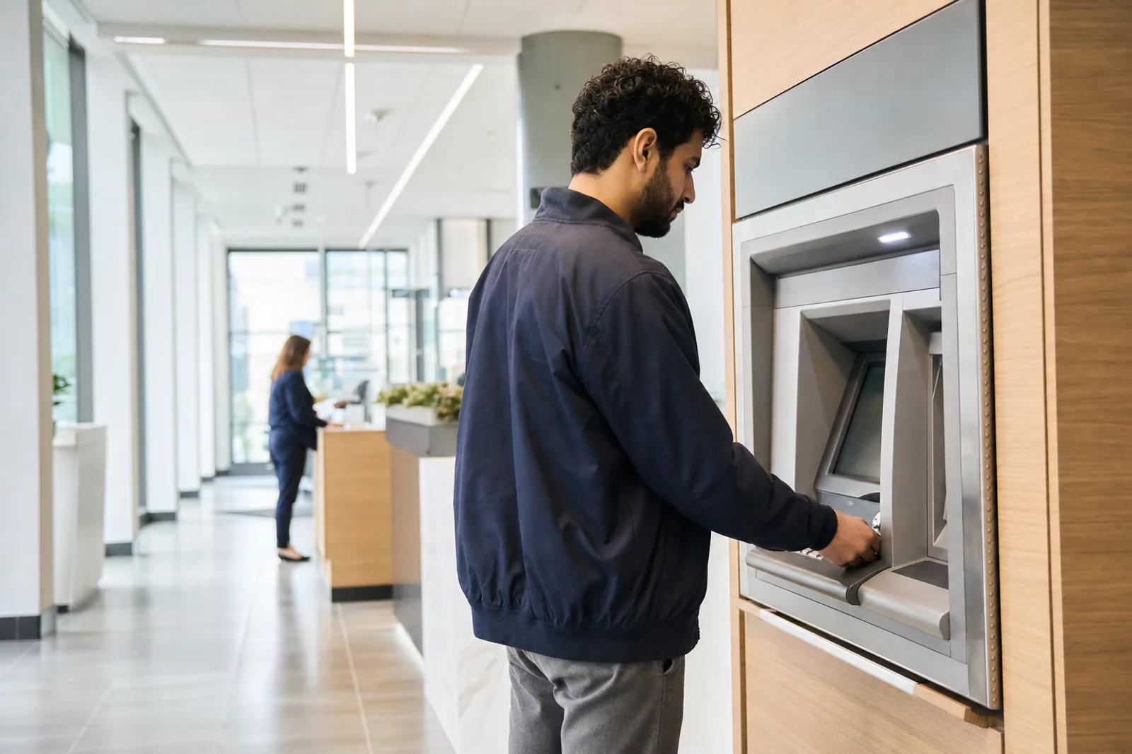A newcomer using an unbranded automated banking machine