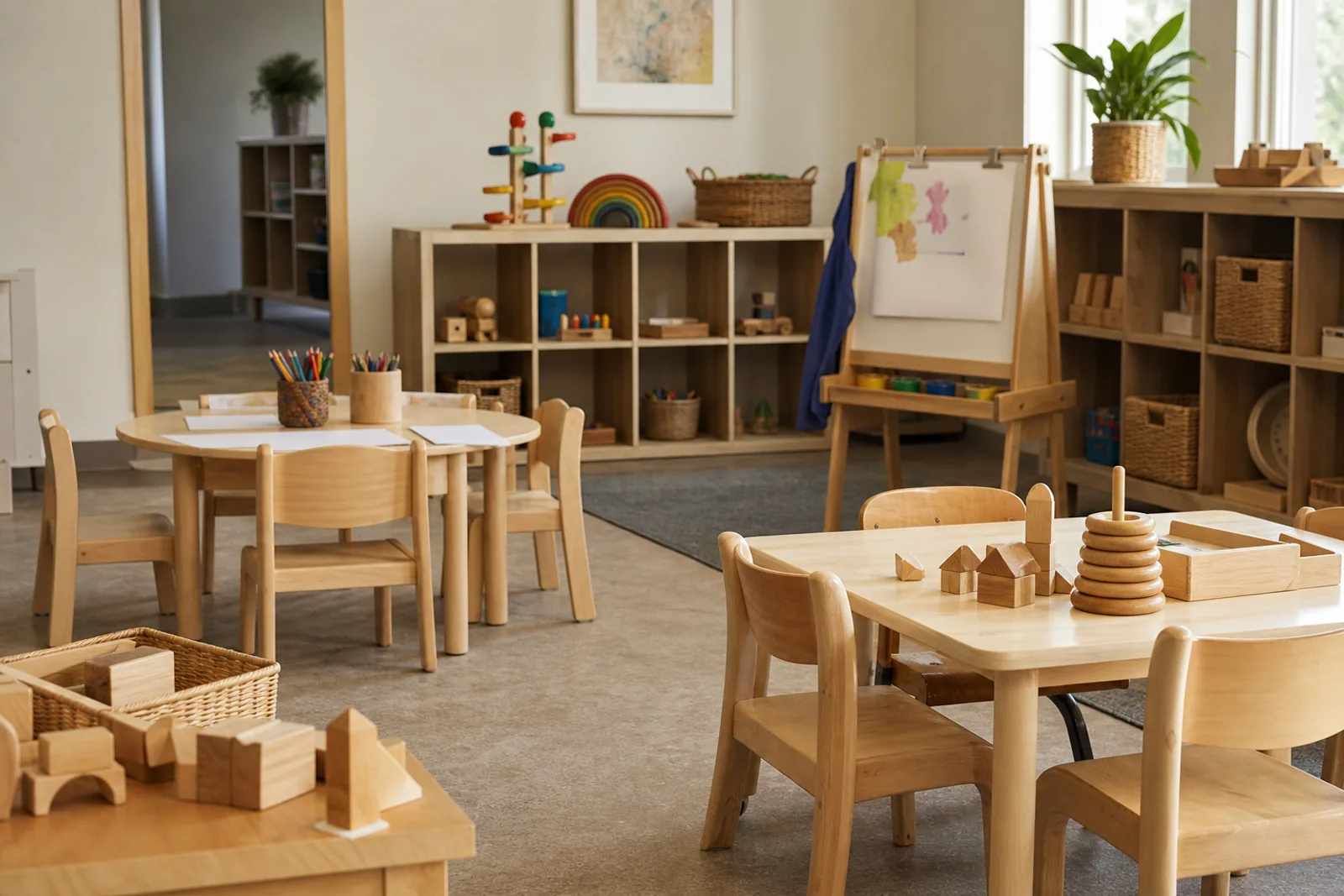A warm child-care room prepared for the day