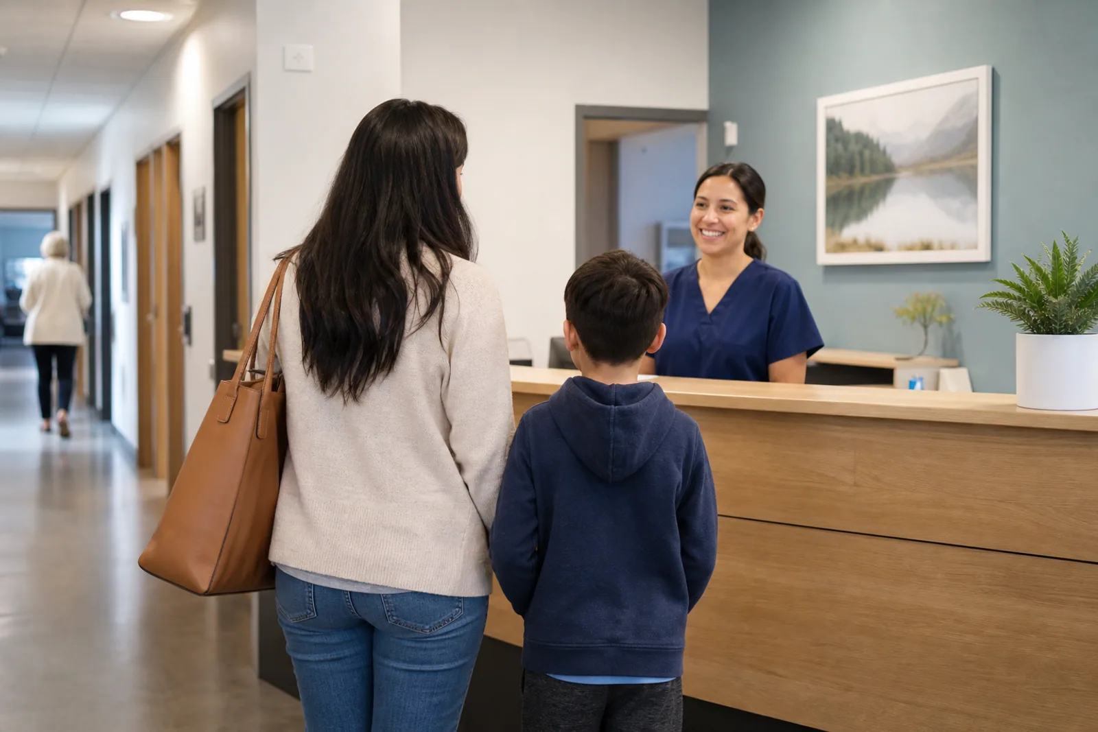 A parent and child arriving at a community health clinic