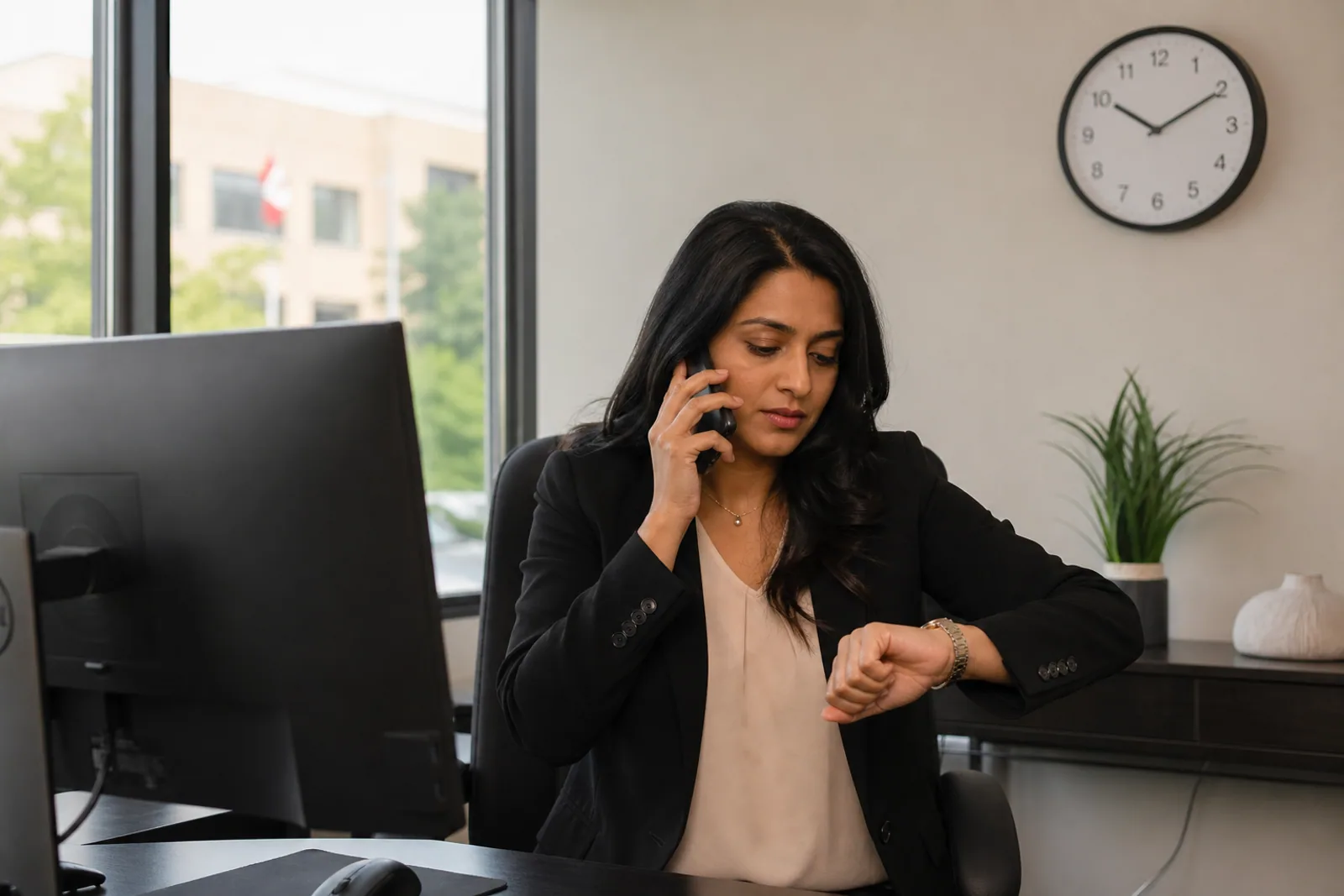 An immigration lawyer handling a time-sensitive telephone call