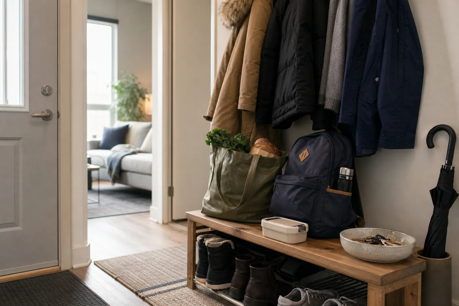 Everyday belongings prepared in a newcomer family's Canadian entryway