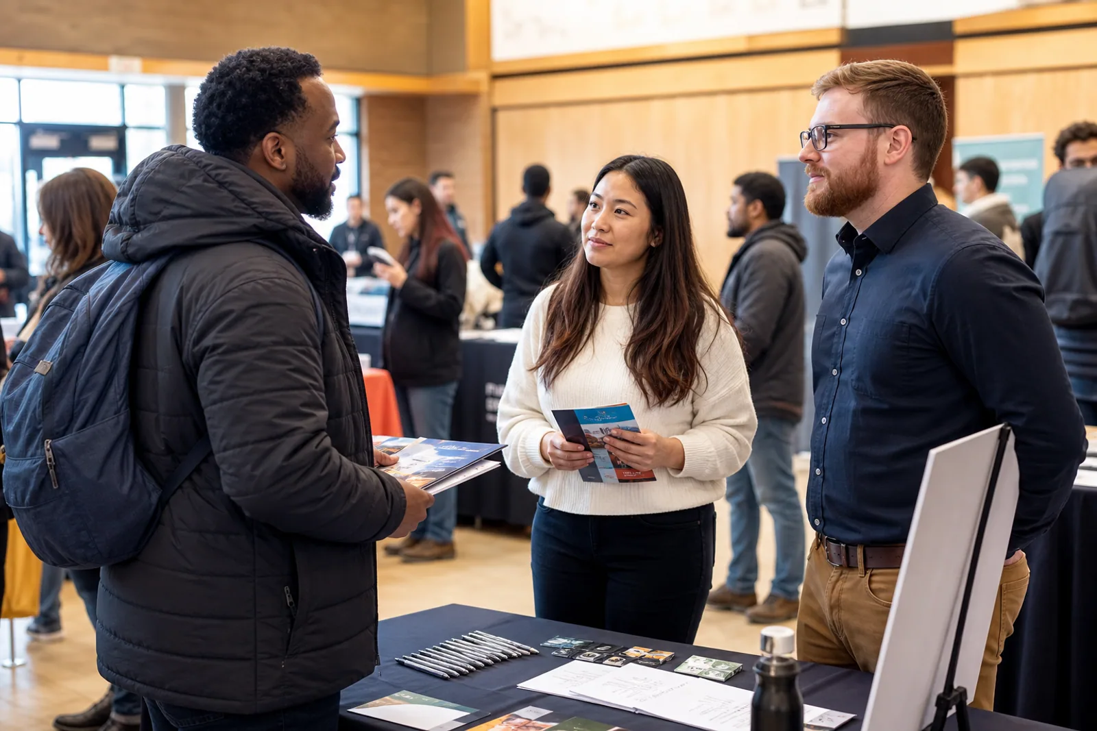 A newcomer speaking with employers at a community job fair