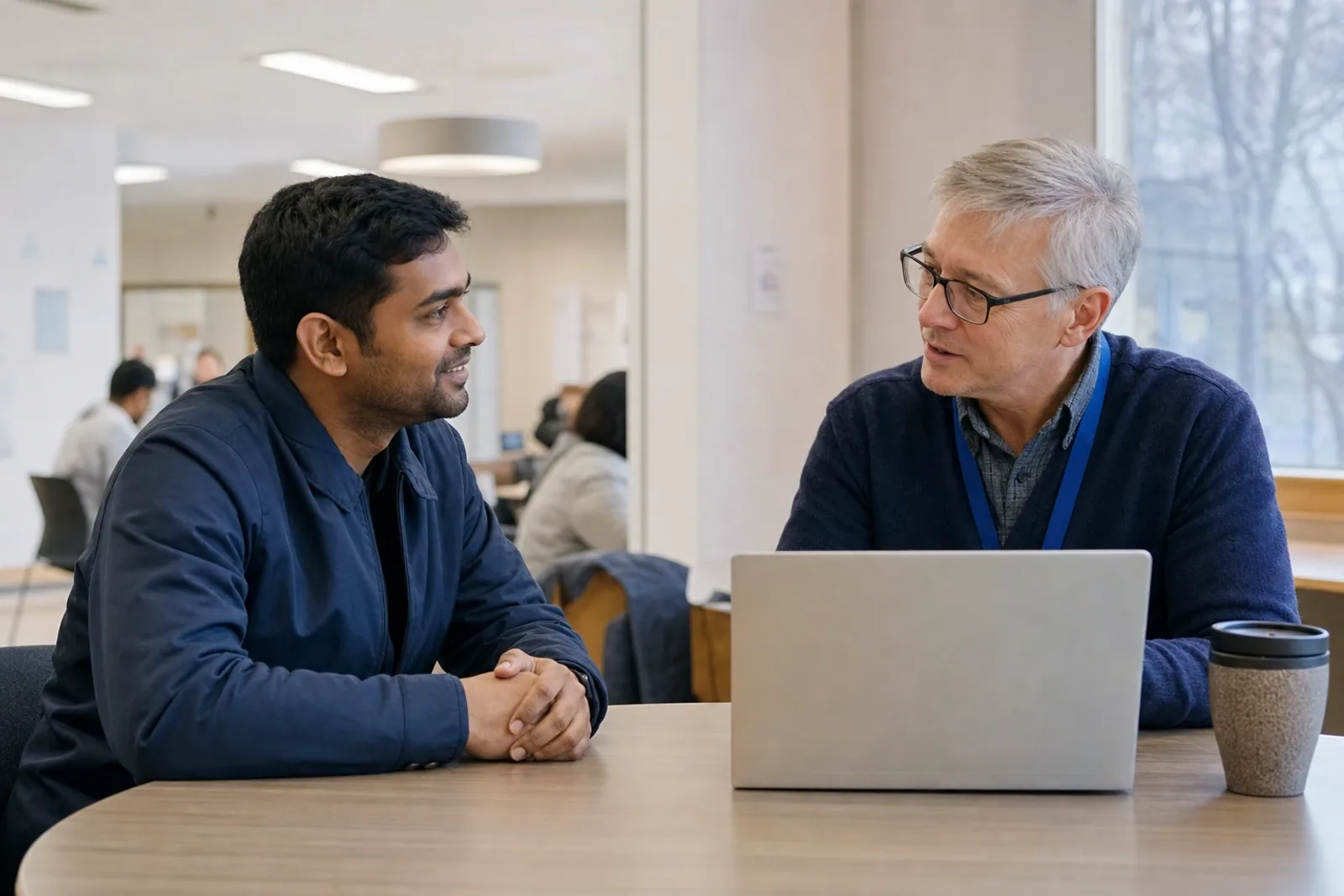 A newcomer consulting a volunteer adviser at a community tax clinic