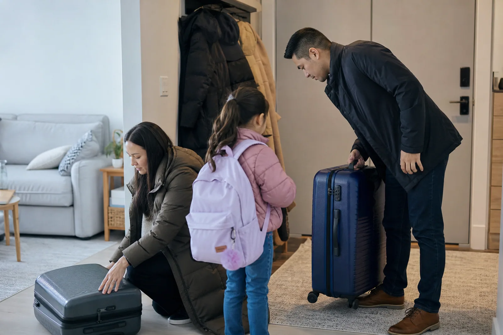 A family preparing luggage before leaving their Canadian home