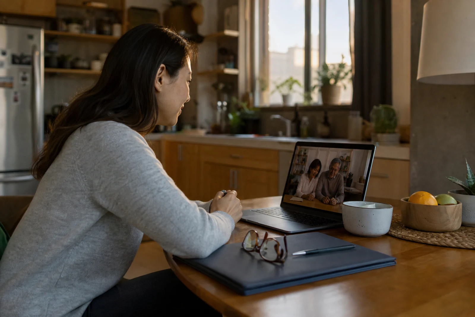 A daughter speaking with her parents by video from her Canadian home
