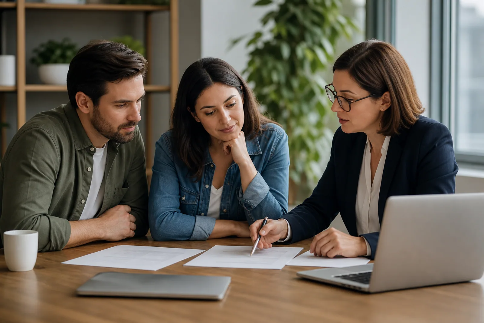 A couple and adviser reviewing an immigration plan
