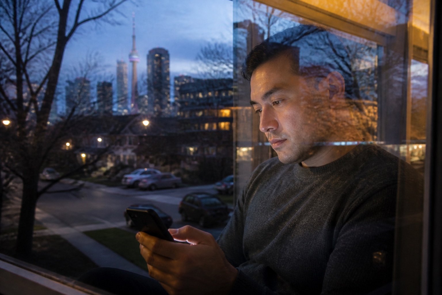 A permanent residence applicant checking for an update beside a city window