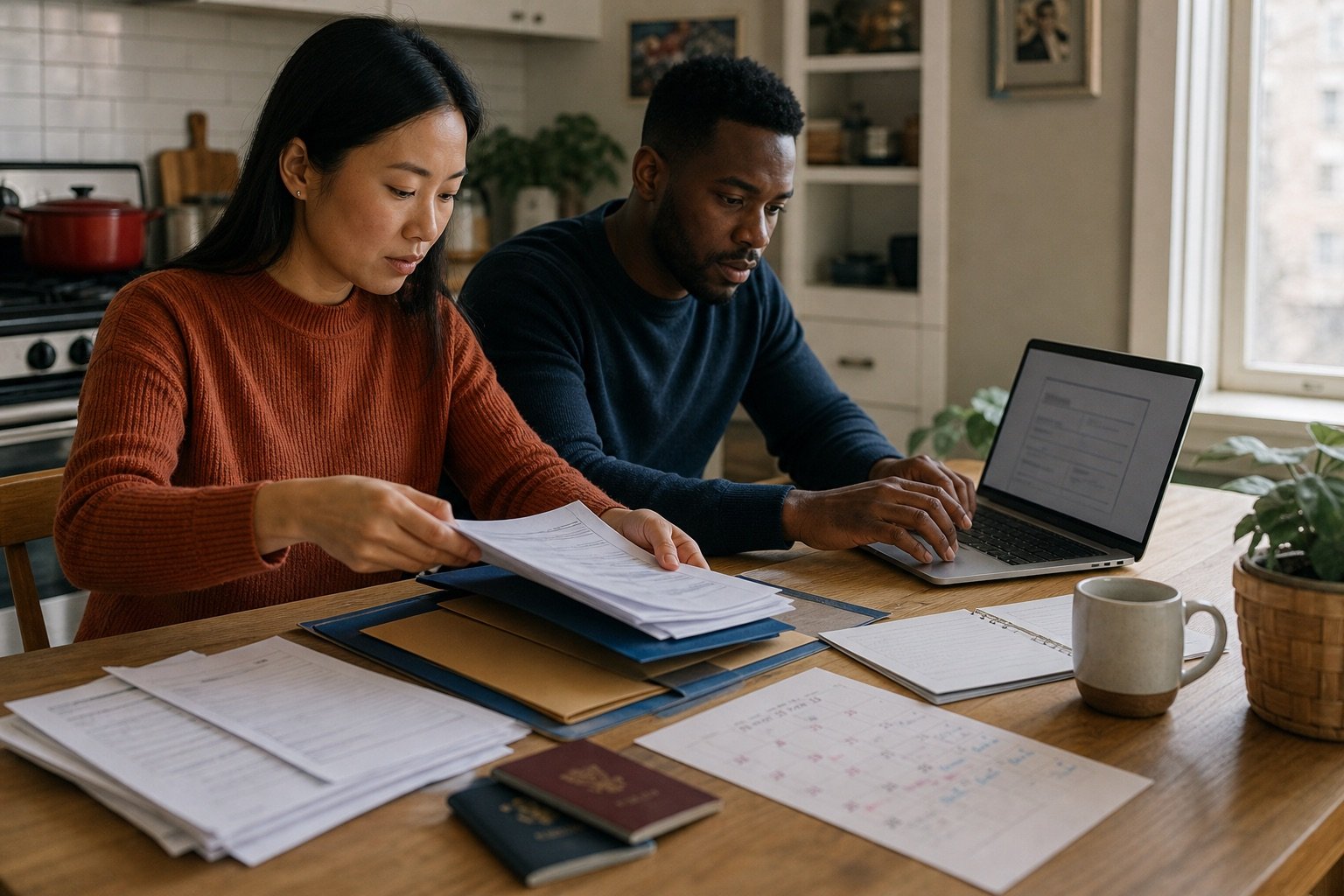 A couple organizing their permanent residence application records at home