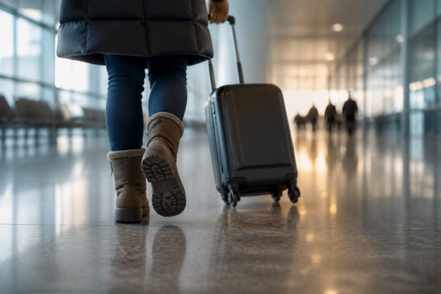 A newcomer walking through a Canadian airport with winter boots and luggage