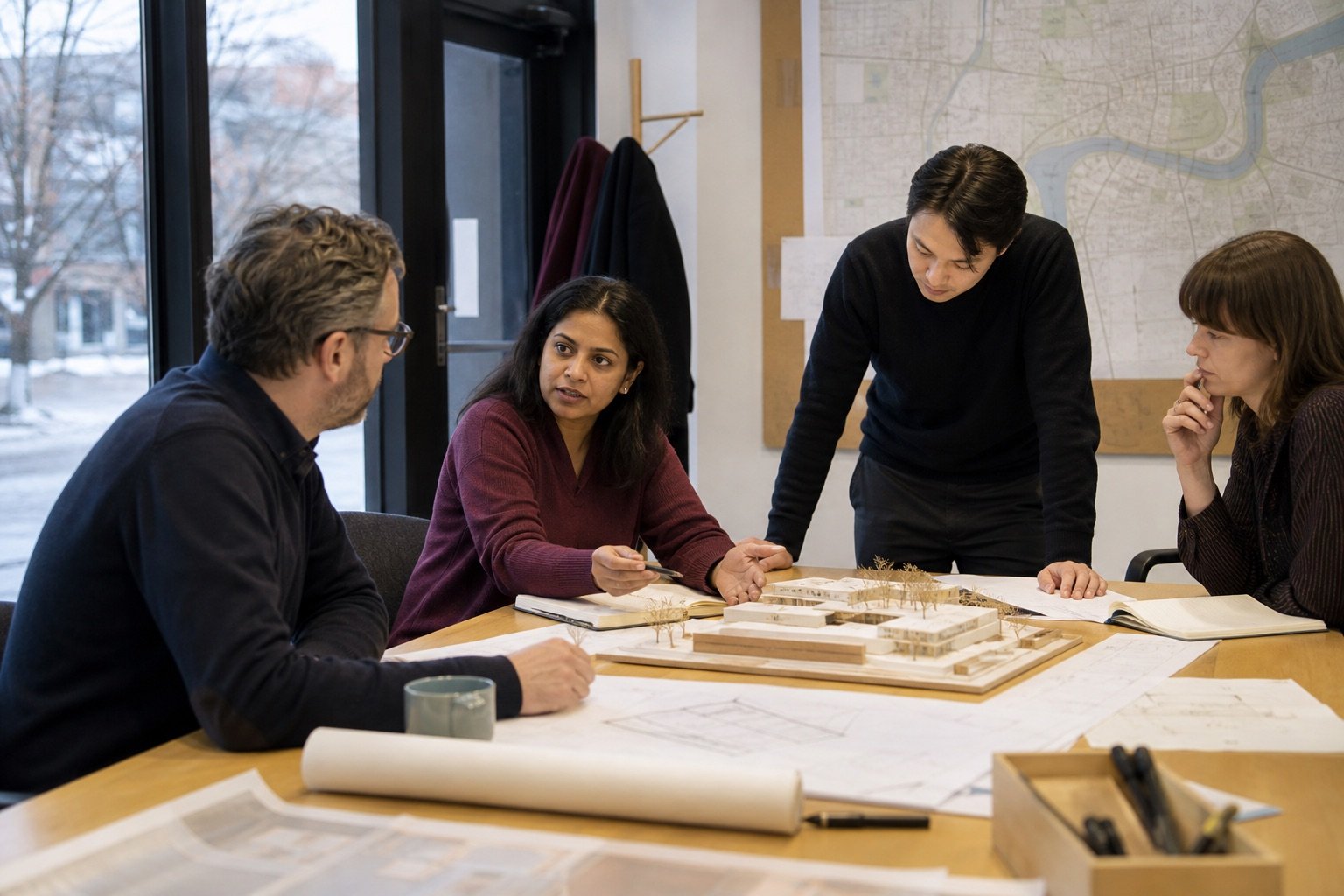 A Canadian workplace team reviewing an architecture project together